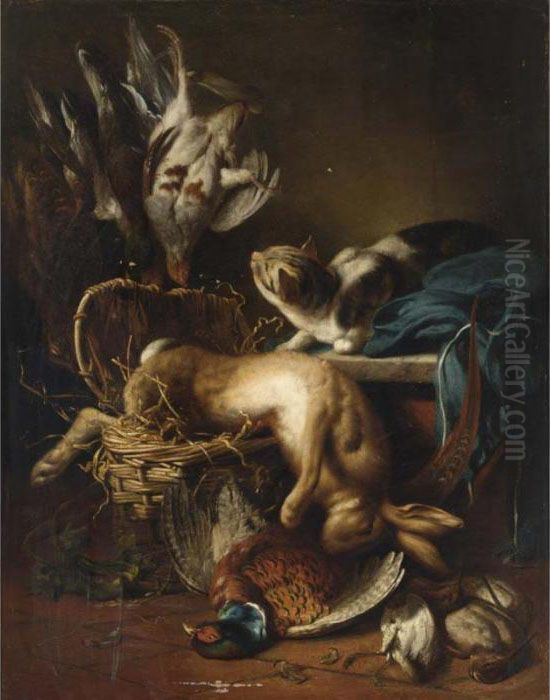 A Still Life With A Dead Hare, A
 Pheasant And Woodcocks, A Cat Watching Partridges Hanging From A Nail Oil Painting by Jan Weenix