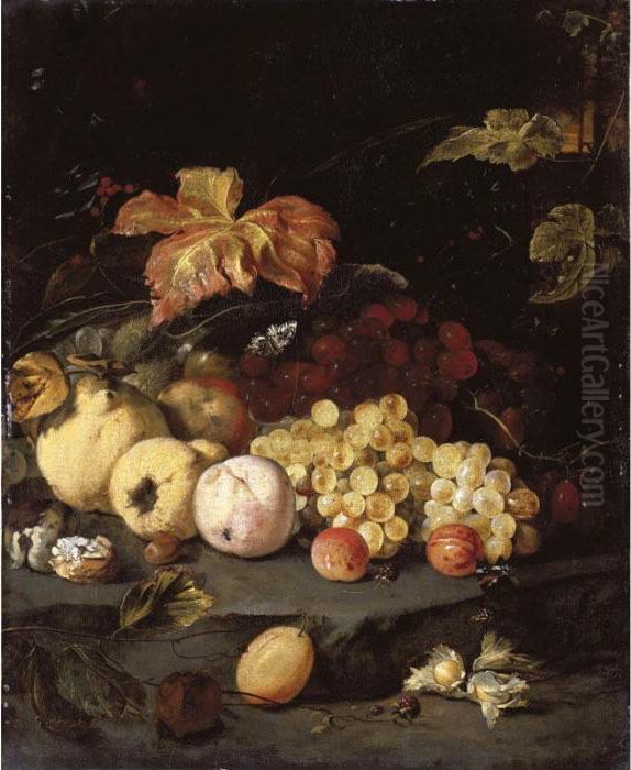 Still Life With Summer Fruits 
Including Apples, Grapes, A Peach, A Plum, Blackberries, Hazelnuts, 
Walnuts And Other Objects, All Arranged On A Stone Ledge Oil Painting by Jan Weenix