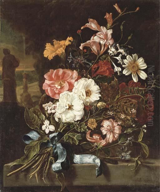 Carnations, Lilies, Narcissi And
 Other Flowers Tied With A Blue Ribbon On A Stone Ledge, A Park Beyond Oil Painting by Jan Weenix