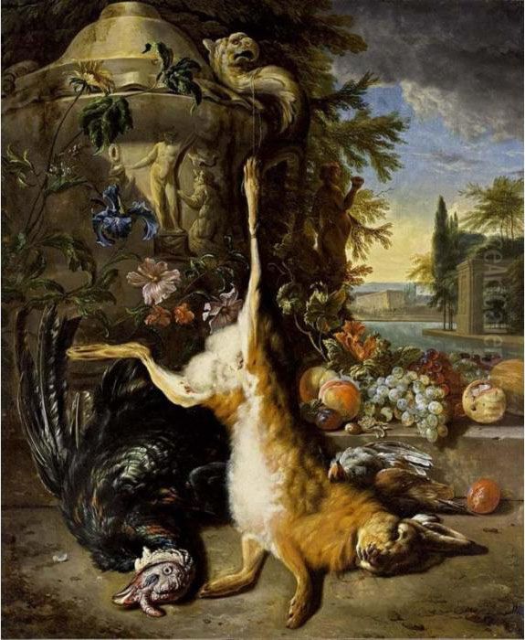 A Hunting Still Life With A 
Hare, A Turkey And Partridges Near A Sculpted Vase With An Iris And 
Other Flowers, Together With Grapes, Peaches And Prunes On A Stone 
Ledge, All In A Park Setting With A View Of A Palace Beyond Oil Painting by Jan Weenix
