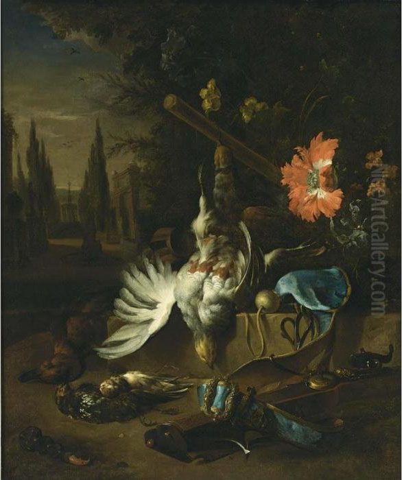A Hunting Still Life With 
Partridges, A Duck And Other Birds, Together With A Gun And A Opium 
Poppy, All In A Park Setting Oil Painting by Jan Weenix