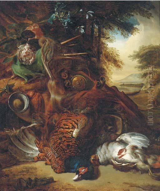 A Hunting Still Life With A 
Partridge, A Pheasant, A Powder Hornand Flowers On A Forest Floor Oil Painting by Jan Weenix