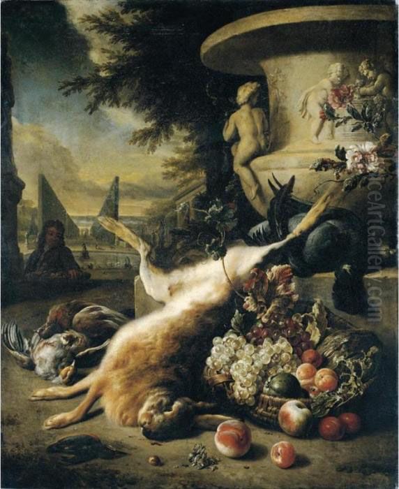 A Still Life Of Game Birds, 
Grouse, A Hare And A Kingfisher, With A Basket Of Fruit At The Foot Of A
 Stone Urn, An Ornamental Garden With A Fountain Beyond Oil Painting by Jan Weenix