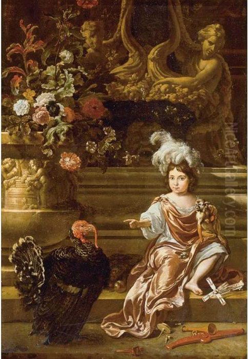 A Boy Seated On A Terrace With 
His Pet Monkey And A Turkey, A Still Life Of Flowers In A Sculpted Urn 
At Left Oil Painting by Jan Weenix