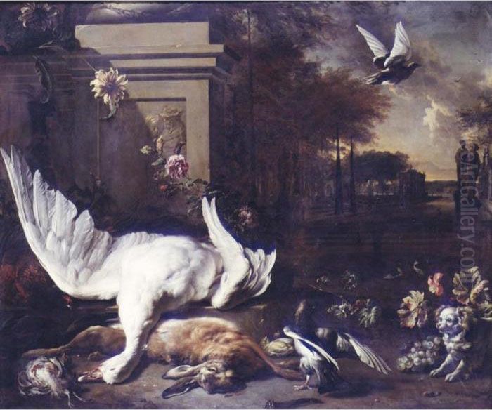 A Still Life Of Game By A Stone 
Monument, Including, A Swan, A Hare, Game Birds, A Spaniel, A Jay And A 
Pigeon In Flight, An Extensive Water Garden Beyond Oil Painting by Jan Weenix