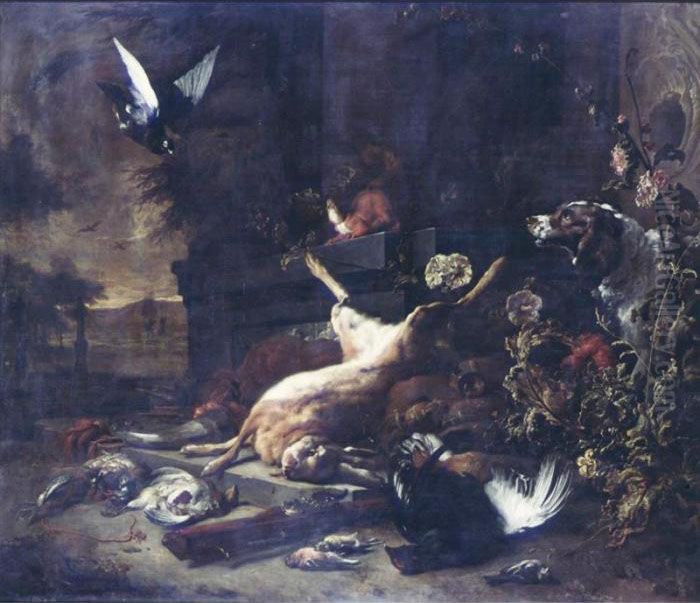 A Still Life Of Game, Including A
 Hare, A Setter, A Musket And Other Hunting Accoutrements, A Squirrel 
Chewing A Branch On A Stone Ledge, Game Birds And A Pigeon In Flight, An
 Extensive Landscape Beyond Oil Painting by Jan Weenix