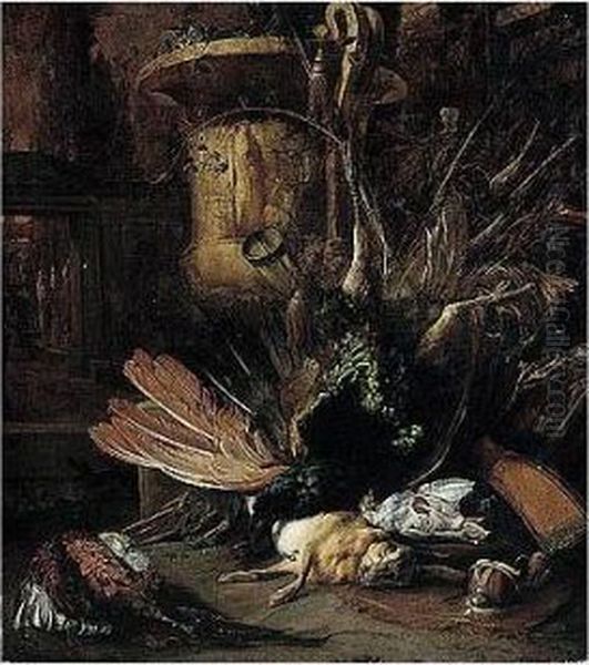 A Still Life Of A Peacock, A 
Hare, Partridge, A Pheasant And Hunting Paraphernalia, In An Ornamental 
Garden Oil Painting by Jan Weenix