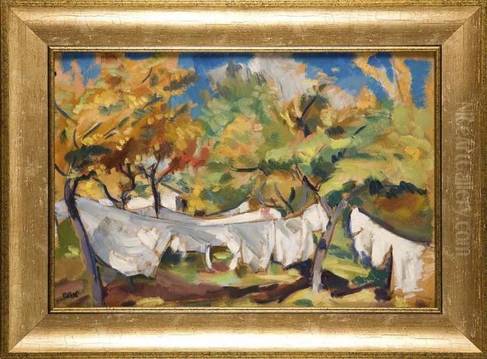 Pejzaz Z Suszacym Sie Praniem W Ogrodzie Oil Painting by Wojciech Weiss