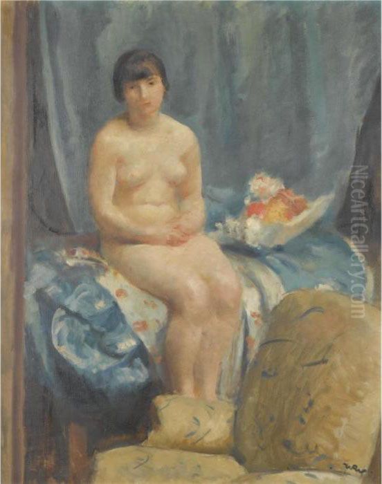 Nude On A Bed With Flowers Oil Painting by Wojciech Weiss