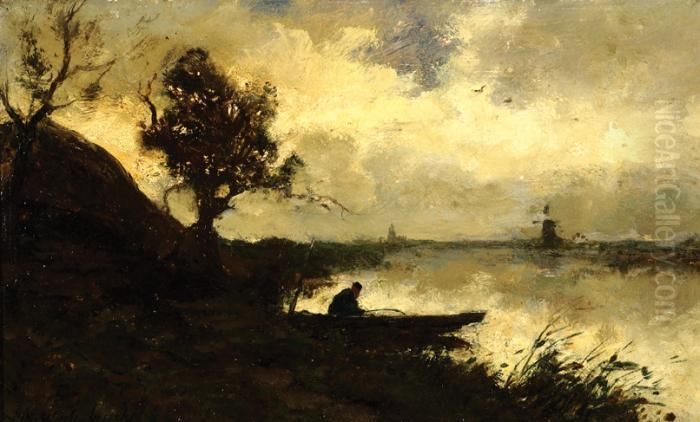 A Fisher During Sunset Oil Painting by Jan Hendrik Weissenbruch