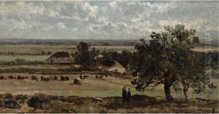 Figures In A Panoramic Landscape Oil Painting by Jan Hendrik Weissenbruch