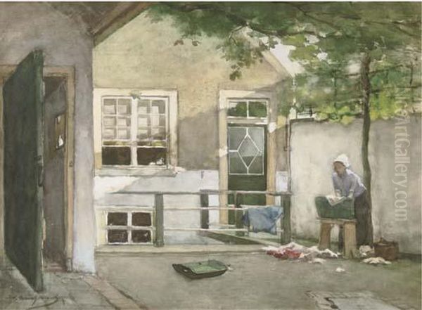 Washing Day: A View From The 
Artists Studio Onto The Courtyard Of His House At The Kazernestraat, The
 Hague Oil Painting by Jan Hendrik Weissenbruch