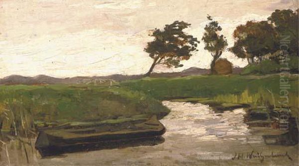 A Praam In A Polder Landscape Oil Painting by Jan Hendrik Weissenbruch