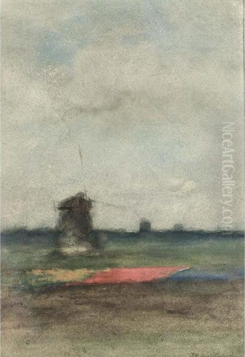 A Windmill In The Bulbfields Oil Painting by Jan Hendrik Weissenbruch