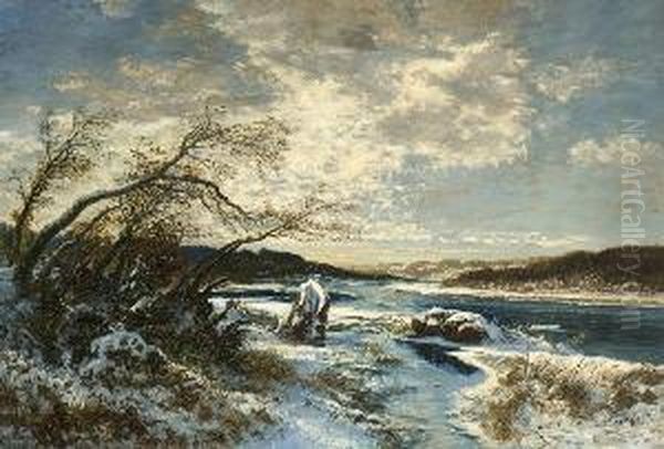 Wintertag An Der Isar Bei
 Tolz. Oil Painting by Joseph Wenglein