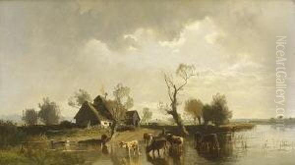 Hirtin Mit Kuhen Am
 Seeufer Oil Painting by Joseph Wenglein