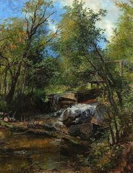 Waldbach Mit Wehr Bei
 Tolz. Oil Painting by Joseph Wenglein