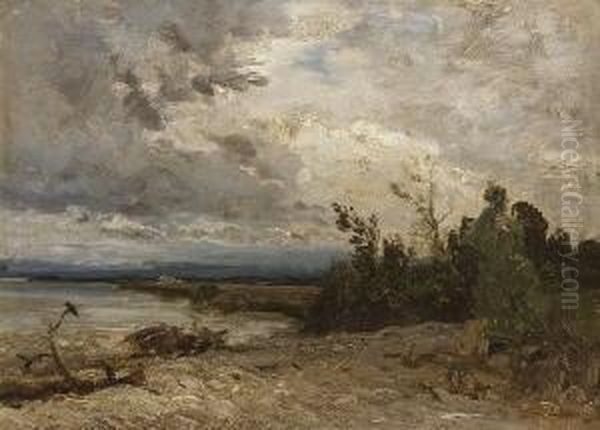 Seeufer Bei Aufziehendem
 Gewitter. Oil Painting by Joseph Wenglein