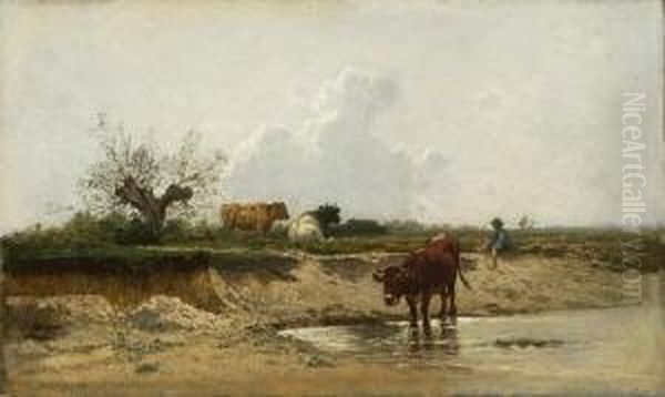 Kleiner Hutejunge Mit Kuhen Am
 Fluss. Oil Painting by Joseph Wenglein