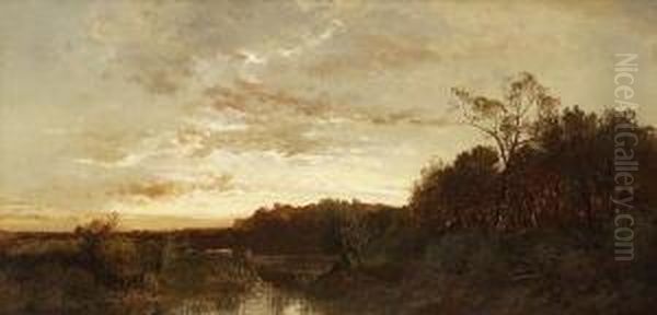 Bachlandschaft Mit Kuhen Im
 Abendlicht. Oil Painting by Joseph Wenglein