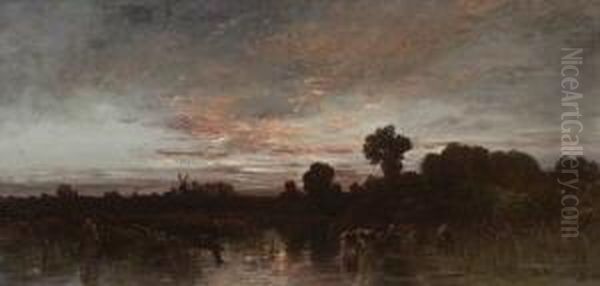 Uferlandschaft Mit Windmuhlen In
 Der Abenddammerung. Oil Painting by Joseph Wenglein