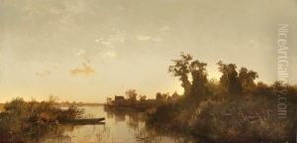 Uferlandschaft Mit Bauernhausern
 In Der Abenddammerung. Oil Painting by Joseph Wenglein