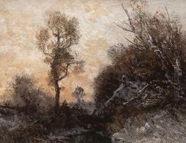 Winterlandschaft In Der
 Abenddammerung. Oil Painting by Joseph Wenglein