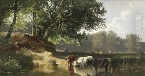 Kuhe An Der Tranke Am
 Weiher. Oil Painting by Joseph Wenglein