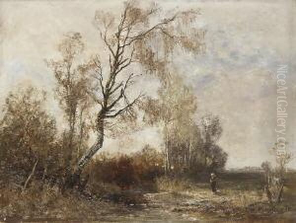 Magd Am Bachlauf In Herbstlicher
 Landschaft. Oil Painting by Joseph Wenglein