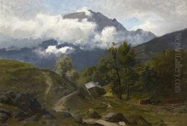 Blick Uber Die Alm Auf Das
 Wettersteingebirge. Oil Painting by Joseph Wenglein