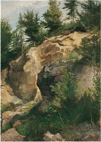 Felsenlandschaft (rocky Landscape) Oil Painting by Joseph Wenglein