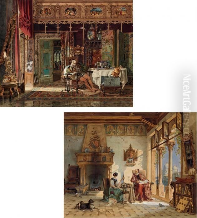 A Troubadour Brooding In An Elaborate Interior; And A Priest And A
Woman Spinning Yarn In A Venetian Interior Oil Painting by Carl Friedrich H. Werner