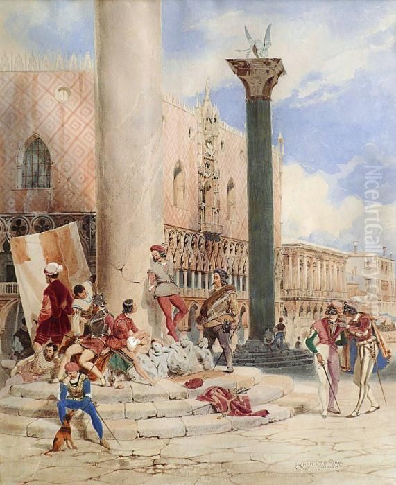 Au Pied De La Colonne Saint-marc A Venise Oil Painting by Carl Friedrich H. Werner