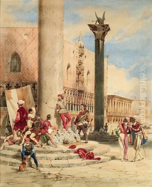 Venice. Idleness On The Piazzetta At The Doge's Palace. Oil Painting by Carl Friedrich H. Werner