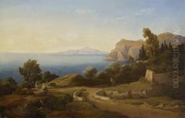 Italienische
 Kustenlandschaft. Oil Painting by Carl Friedrich H. Werner