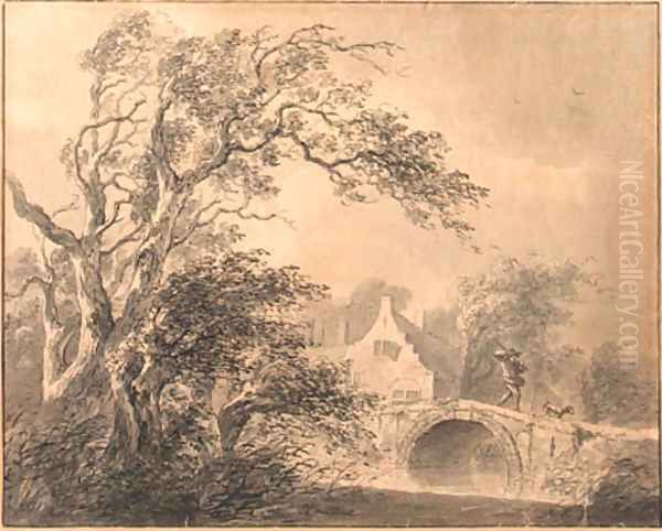 A figure on a bridge by a house, a tree in the foreground Oil Painting by Lievine Teerlink