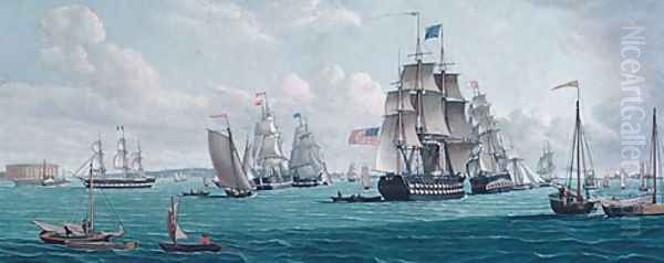 The U. S. Ship Franklin, with a View of the Bay of New York Oil Painting by Thomas Thompson