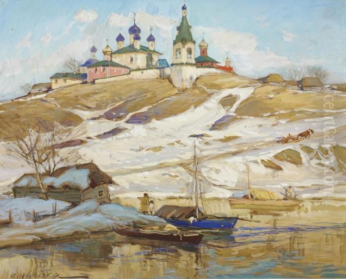 Monastery By A River Oil Painting by Constantin Alexandr. Westchiloff