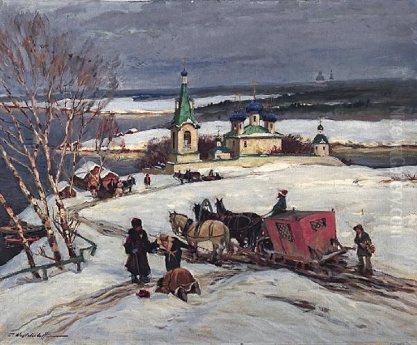 Before The Russian Village 
Signed In Latin Oil Painting by Constantin Alexandr. Westchiloff