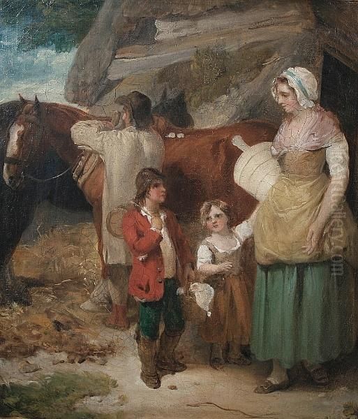 A Dairy Maid With A Farmer, His 
Horse And Children; A Cottage Interior With A Labourer And His Family, A
 Pair Oil Painting by Francis Wheatley