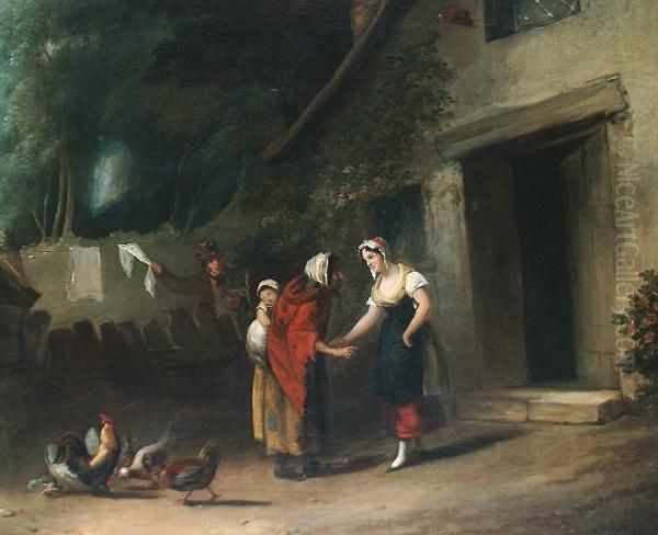 A Young Woman With An Elderly 
Lady Before A Cottage Door And A Man Stealing Laundry From A Clothes 
Line Oil Painting by Francis Wheatley