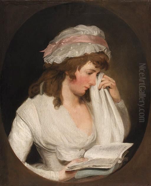 Portrait Of A Young Lady, 
Half-length, In A White Dress And Capbonnet Reading From Romeo And 
Juliet, Feigned Oval Oil Painting by Francis Wheatley