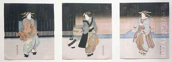Geisha at Night Triptych, 1818-30 Oil Painting by (Utagawa Toyoshige) Toyokuni II