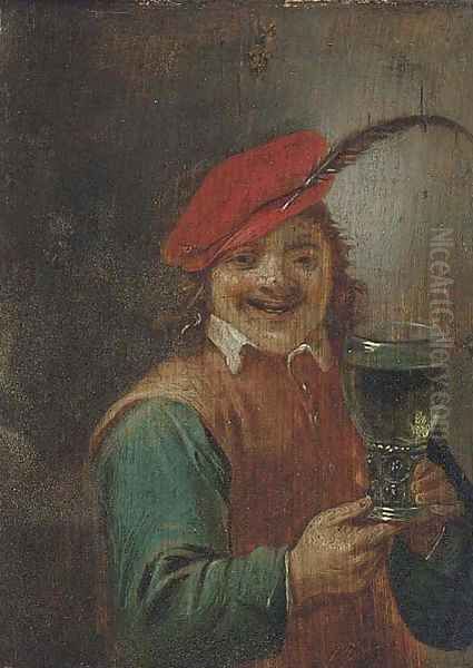 A boor holding a roemer Oil Painting by David The Younger Teniers