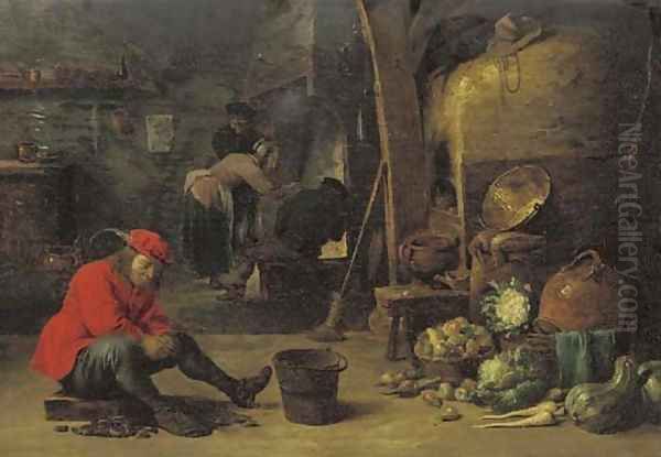 A kitchen interior with a man shucking mussels, and figures around a fire Oil Painting by David The Younger Teniers