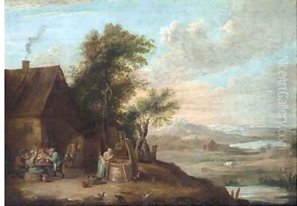 A river landscape with peasants smoking and drinking outside an inn, with a women getting water from a well Oil Painting by David The Younger Teniers