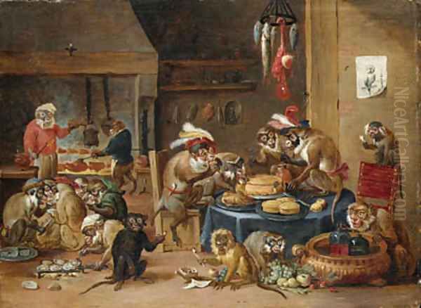 Monkeys preparing food in a kitchen Oil Painting by David The Younger Teniers