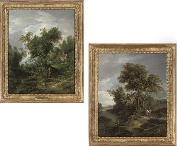 Anglers Before A Cottage, A 
Horse And Rider Passing Nearby; And Figures Crossing A Wooden Bridge, A 
Cottage In The Distance Oil Painting by Edward Charles Williams