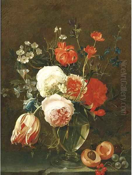 A still life of flowers in a glass vase with fruit on a stone ledge 2 Oil Painting by Gaspar Thielens