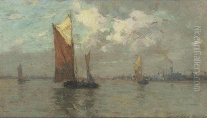 Twilight Ships With Town Beyond Oil Painting by Terrick John Williams